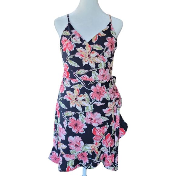 Lulu's Floral Print Ruffled Wrap Mini Dress Black Pink Medium - Picture 2 of 6